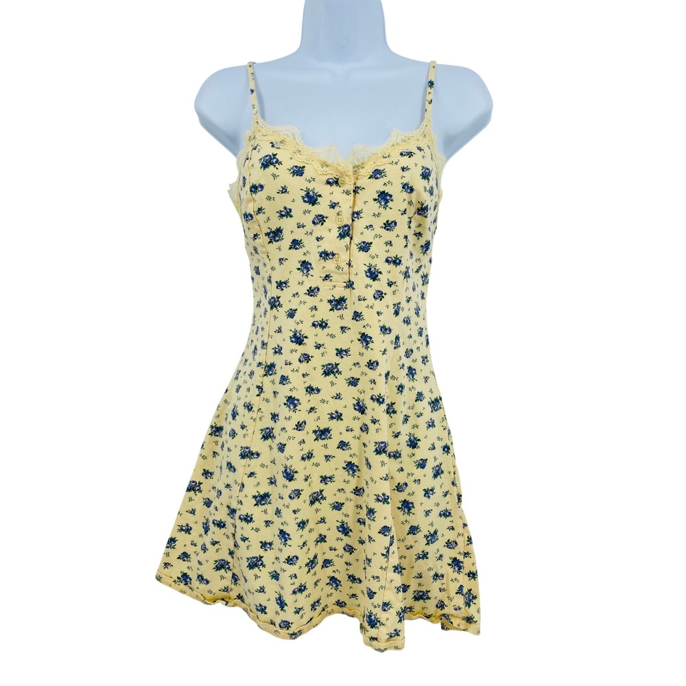 Vintage Victoria's Secret Slip Dress Medium Yellow Blue Floral Lace Trim Cotton